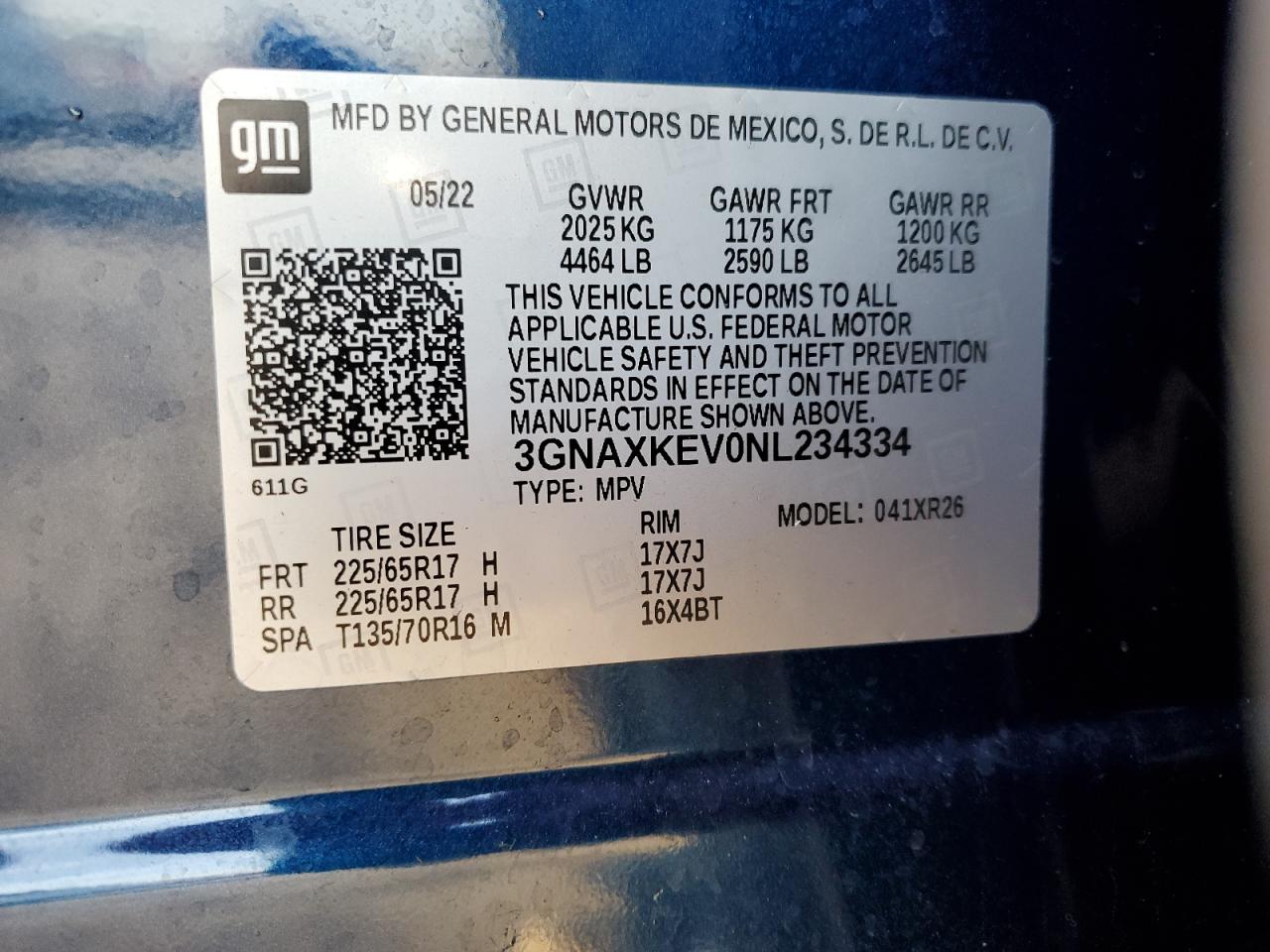 2022 CHEVROLET EQUINOX LT VIN:3GNAXKEV0NL234334