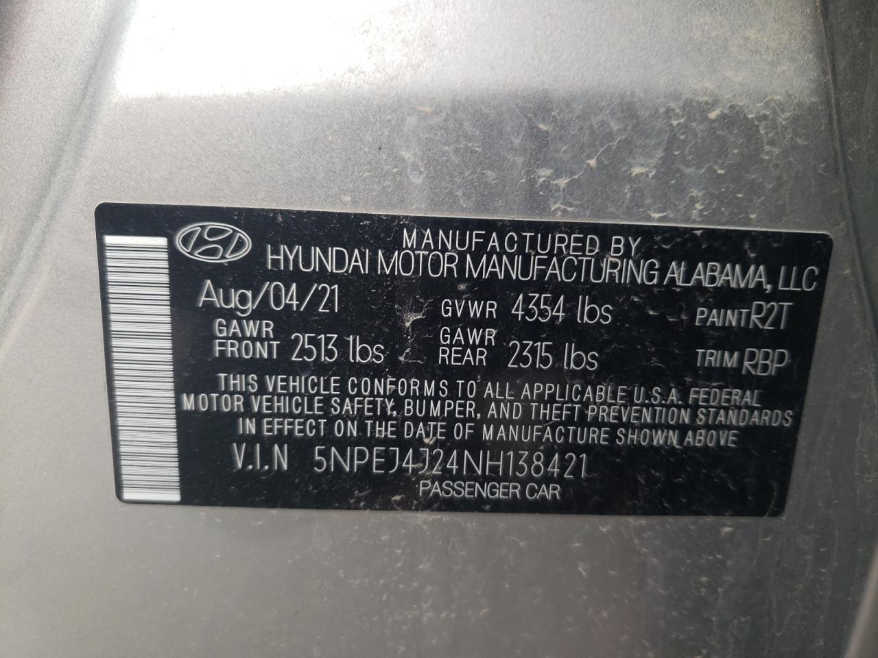 2022 HYUNDAI SONATA SEL PLUS VIN:5NPEJ4J24NH138421