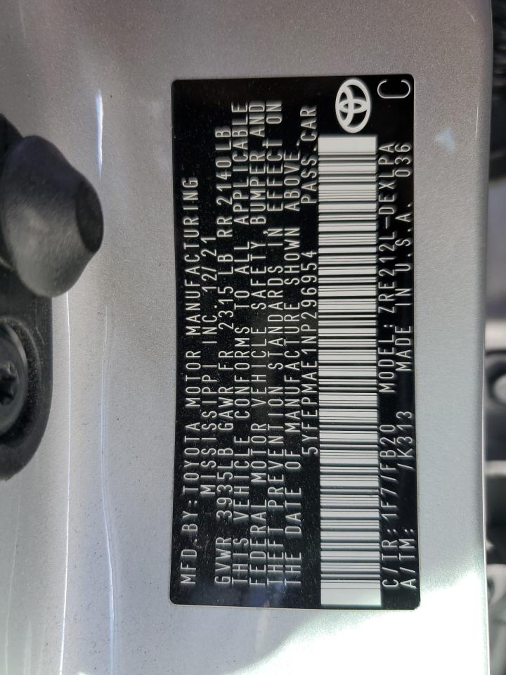 2022 TOYOTA COROLLA LE VIN:5YFEPMAE1NP296954