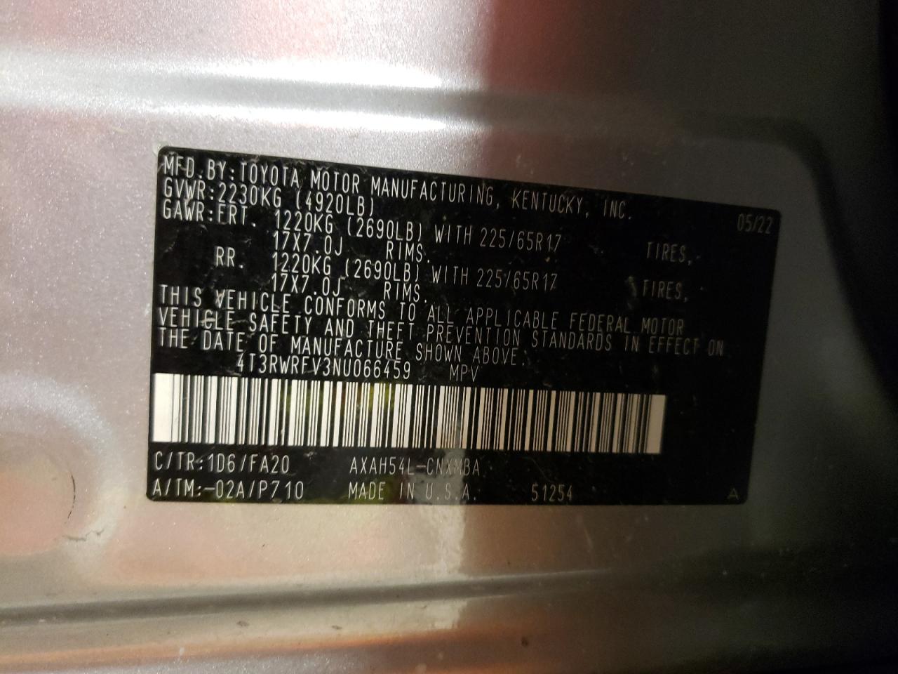 2022 TOYOTA RAV4 XLE VIN:4T3RWRFV3NU066459