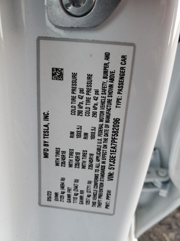 2023 TESLA MODEL 3 VIN:5YJ3E1EA7PF582096