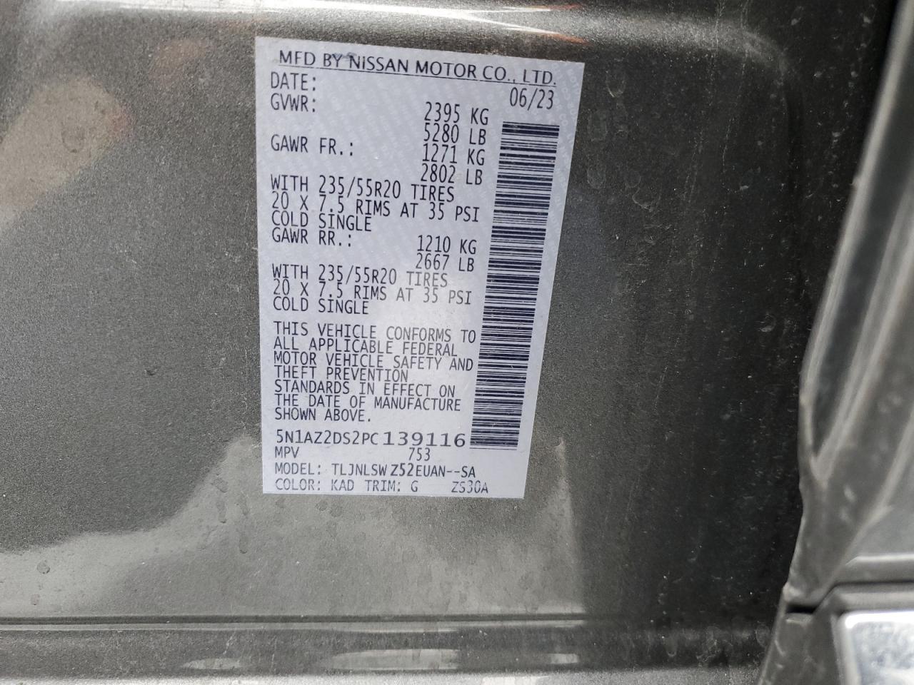 2023 NISSAN MURANO PLATINUM VIN:5N1AZ2DS2PC139116