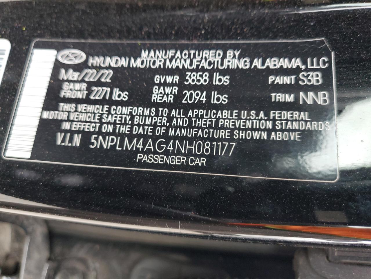 2022 HYUNDAI ELANTRA SEL VIN:5NPLM4AG4NH081177