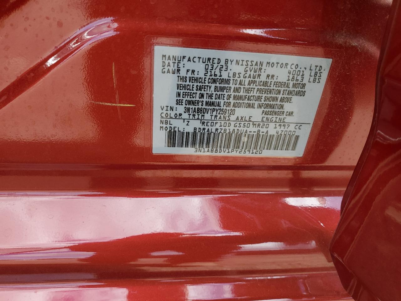 2023 NISSAN SENTRA SR VIN:3N1AB8DV1PY259120