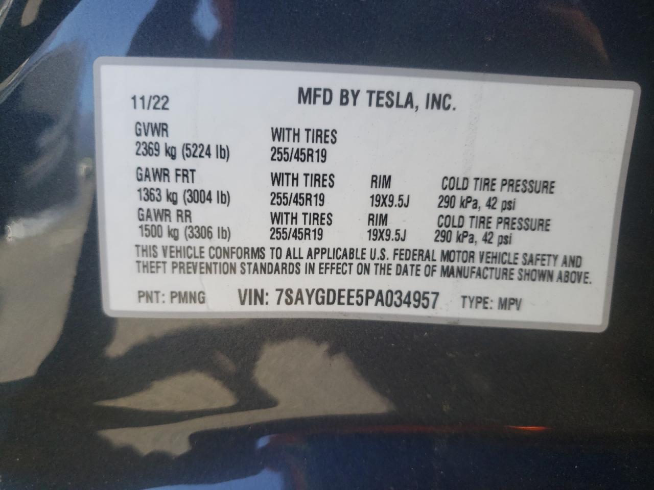 2023 TESLA MODEL Y VIN:7SAYGDEE5PA034957