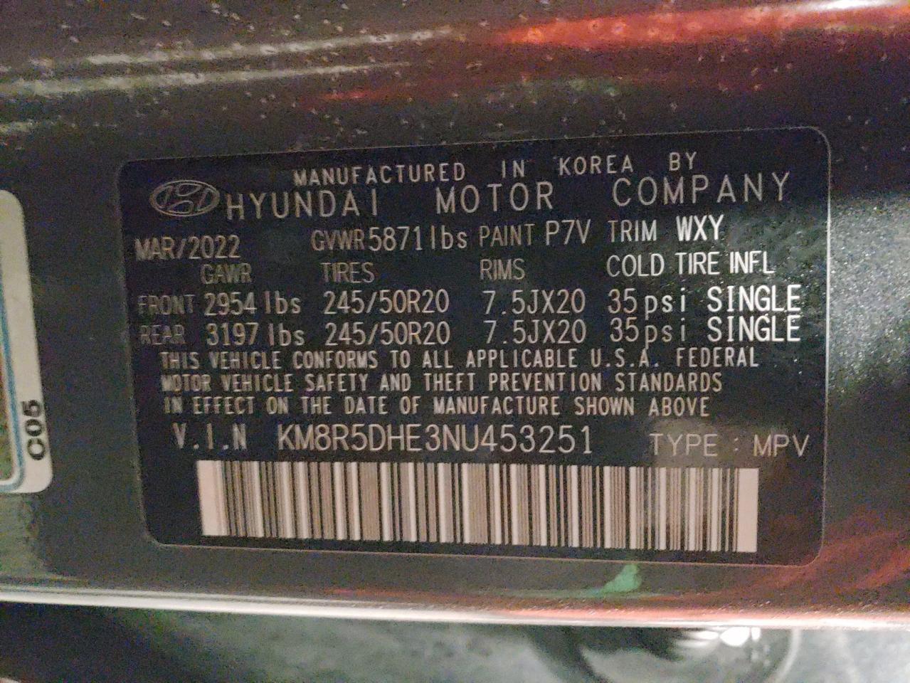 2022 HYUNDAI PALISADE LIMITED VIN:KM8R5DHE3NU453251