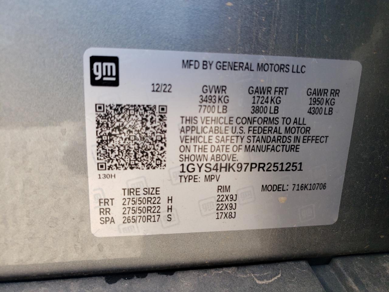 2023 CADILLAC ESCALADE V SPORT VIN:1GYS4HK97PR251251