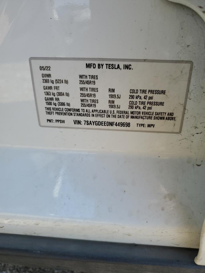 2022 TESLA MODEL Y VIN:7SAYGDEE0NF449698