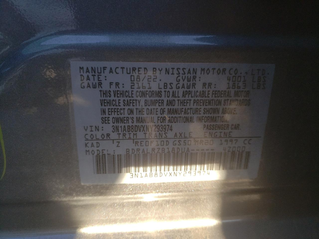 2022 NISSAN SENTRA SR VIN:3N1AB8DVXNY293974