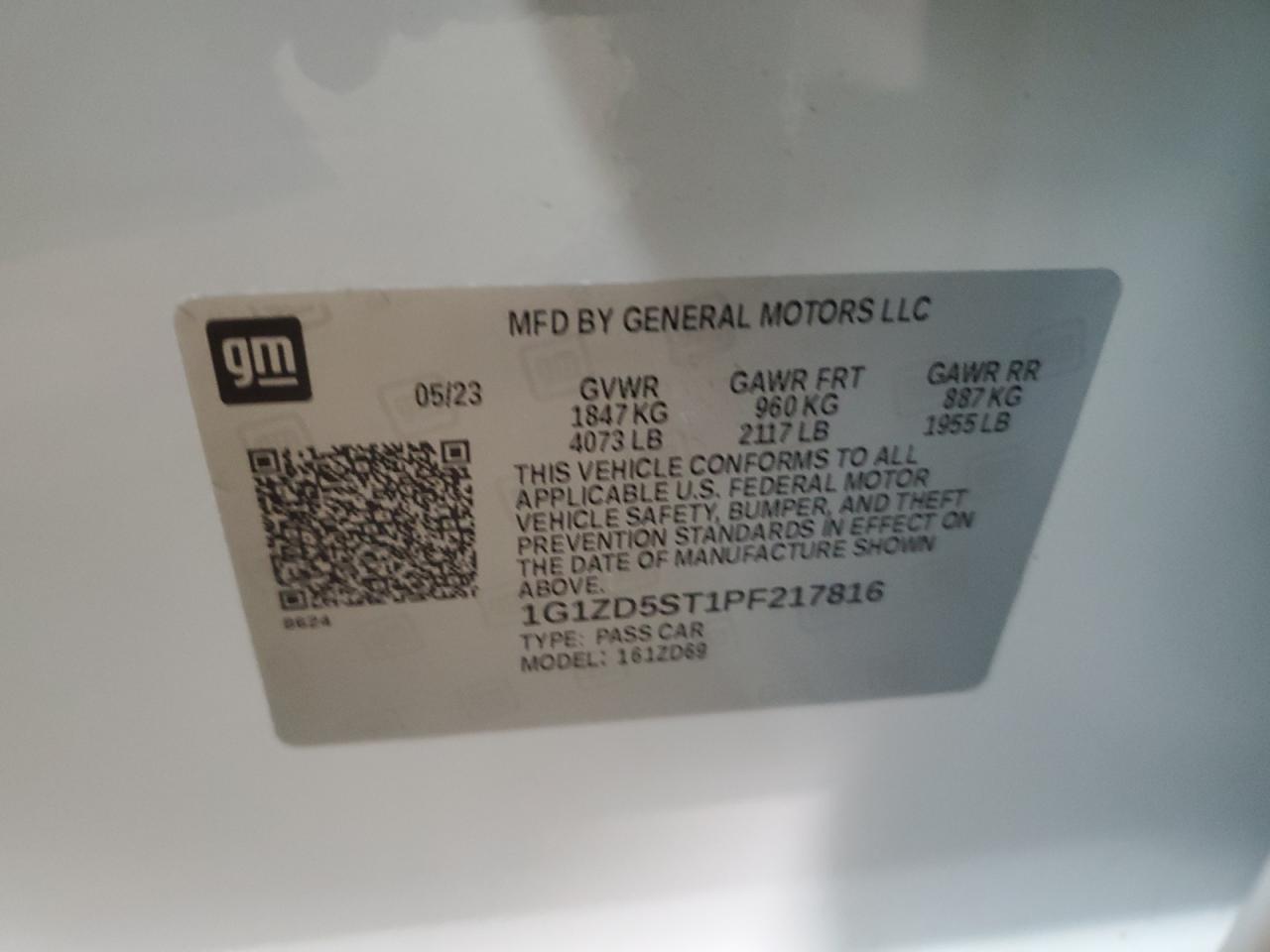 2023 CHEVROLET MALIBU LT VIN:1G1ZD5ST1PF217816