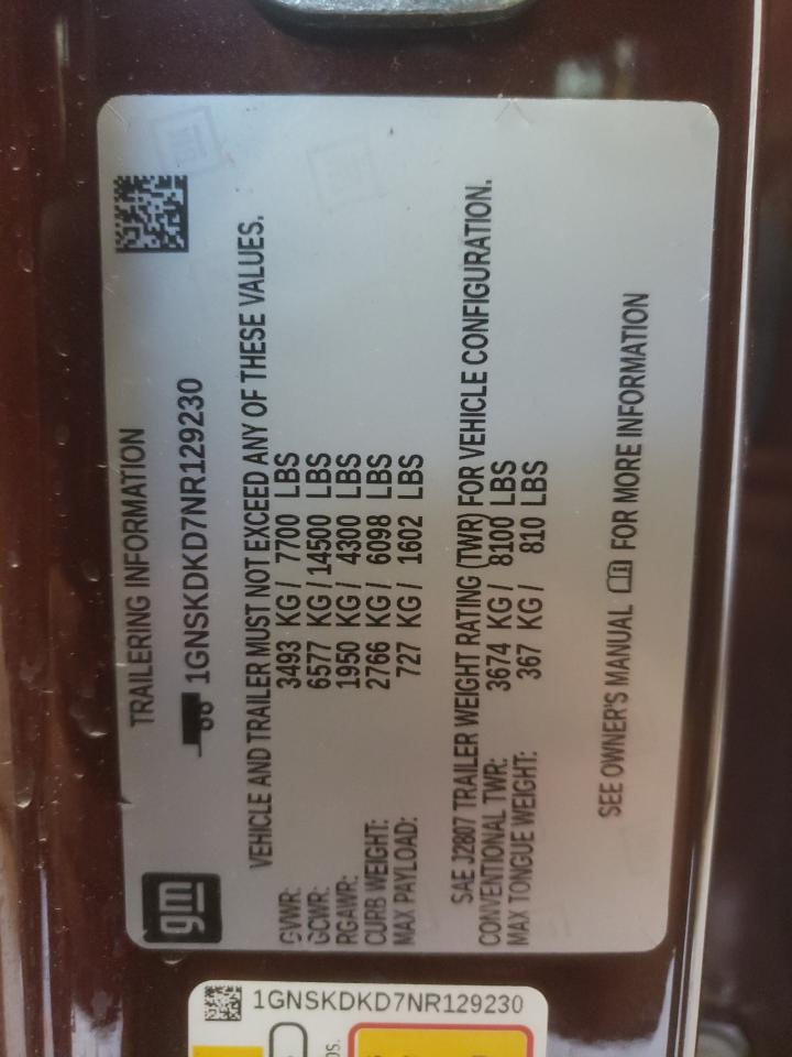 2022 CHEVROLET SUBURBAN K1500 Z71 VIN:1GNSKDKD7NR129230