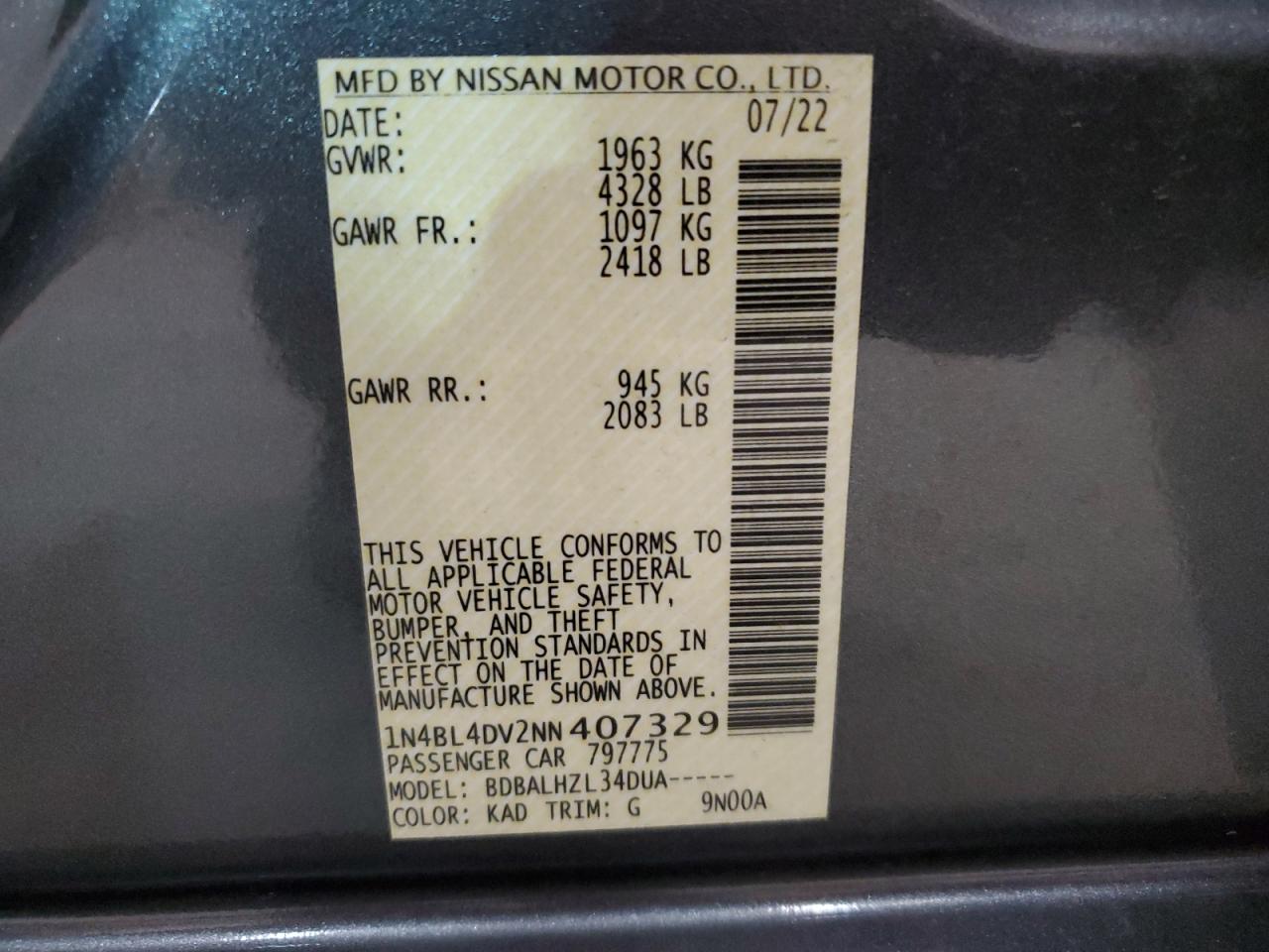 2022 NISSAN ALTIMA SV VIN:1N4BL4DV2NN407329