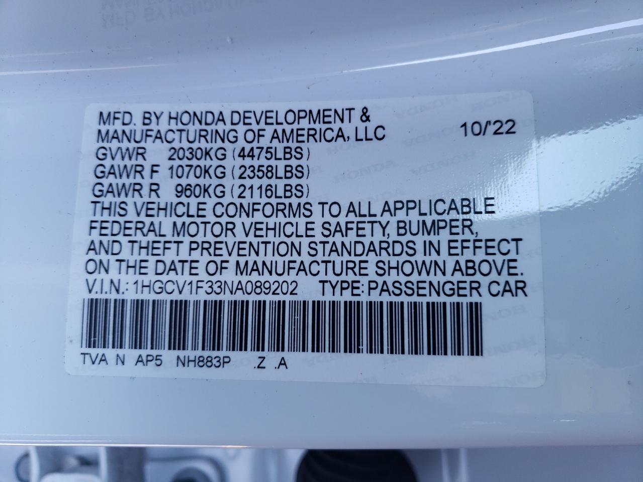 2022 HONDA ACCORD SPORT VIN:1HGCV1F33NA089202