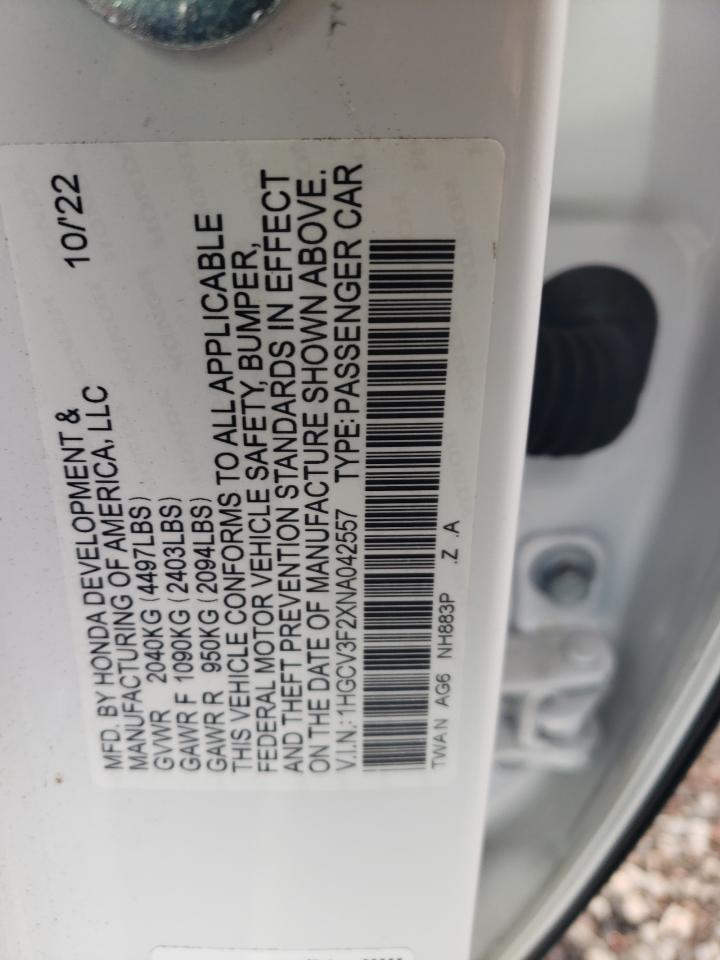 2022 HONDA ACCORD HYBRID SPORT VIN:1HGCV3F2XNA042557