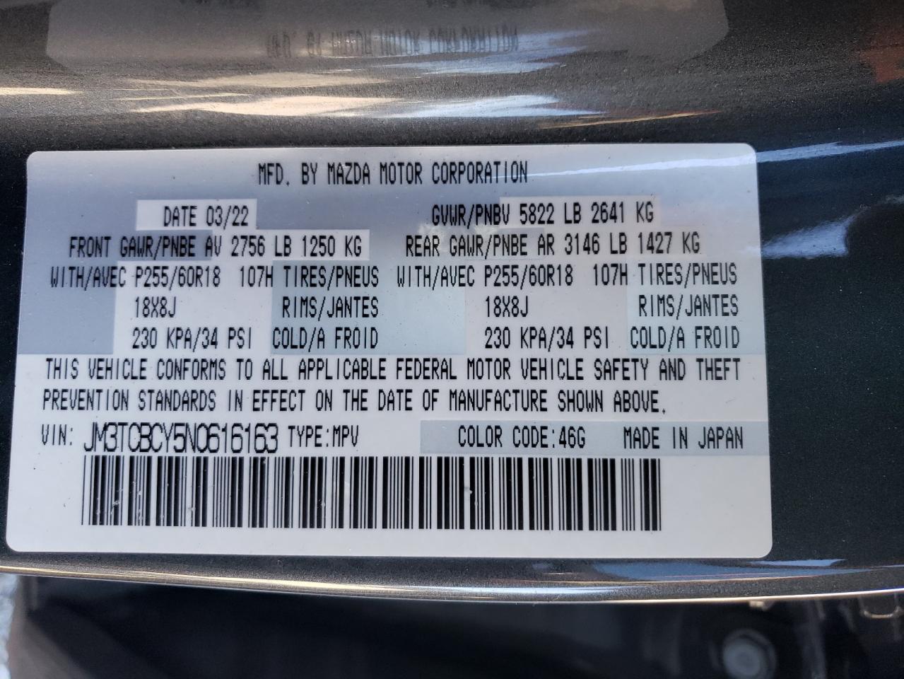 2022 MAZDA CX-9 TOURING VIN:JM3TCBCY5N0616163