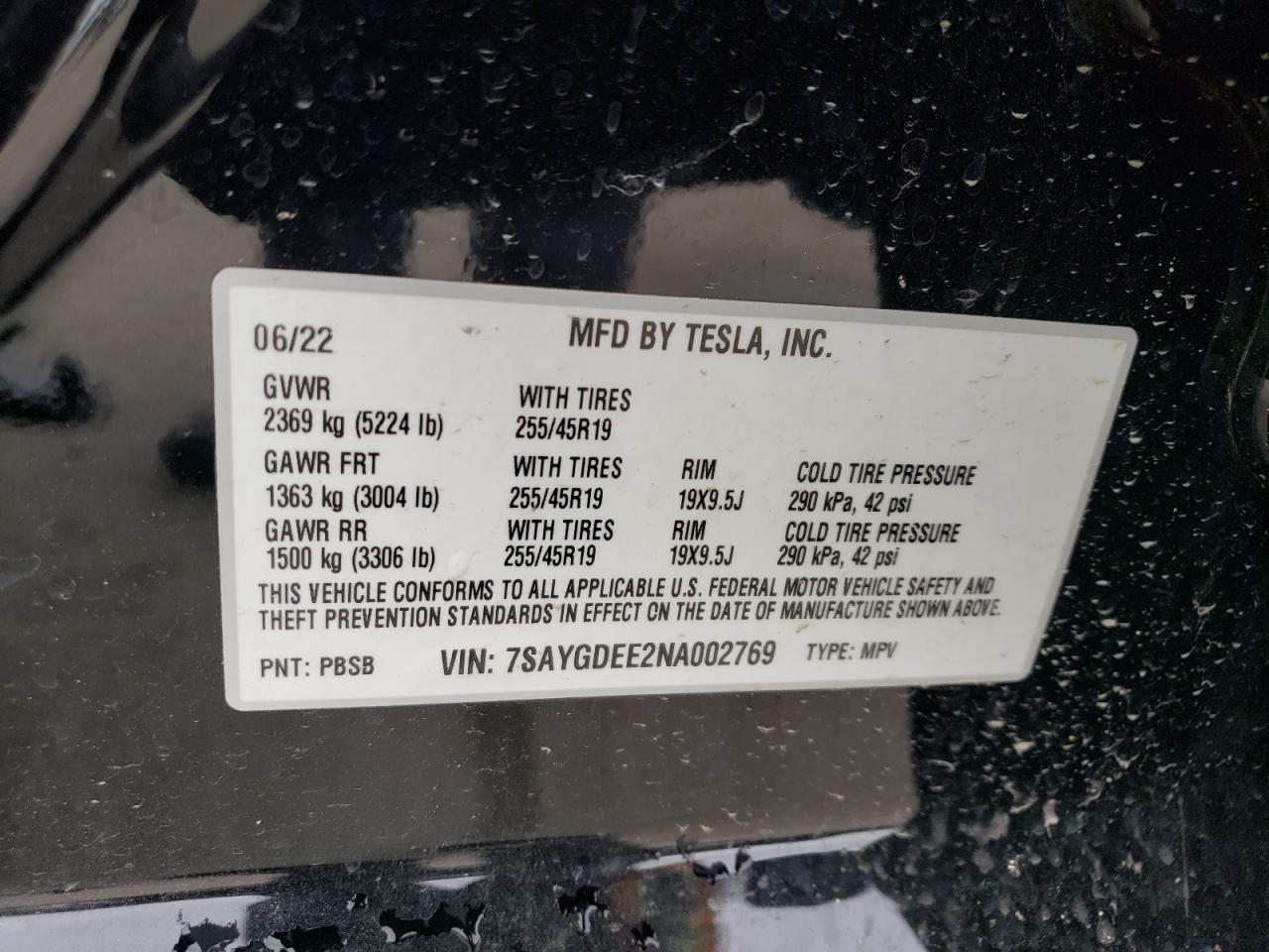 2022 TESLA MODEL Y VIN:7SAYGDEE2NA002769
