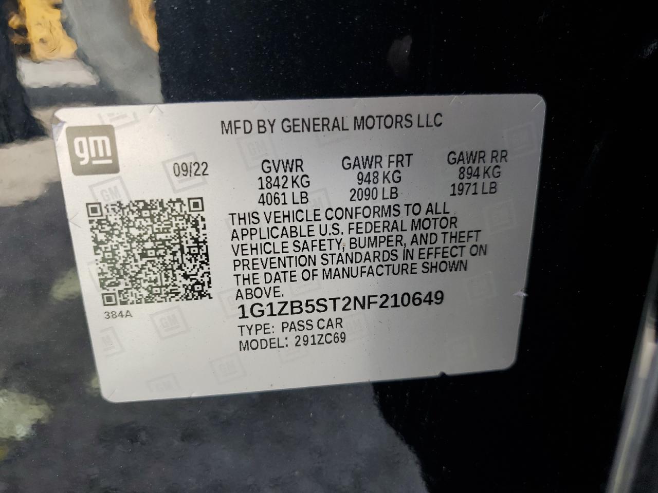 2022 CHEVROLET MALIBU LS VIN:1G1ZB5ST2NF210649