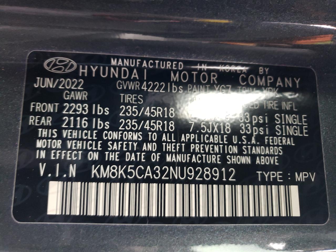 2022 HYUNDAI KONA LIMITED VIN:KM8K5CA32NU928912