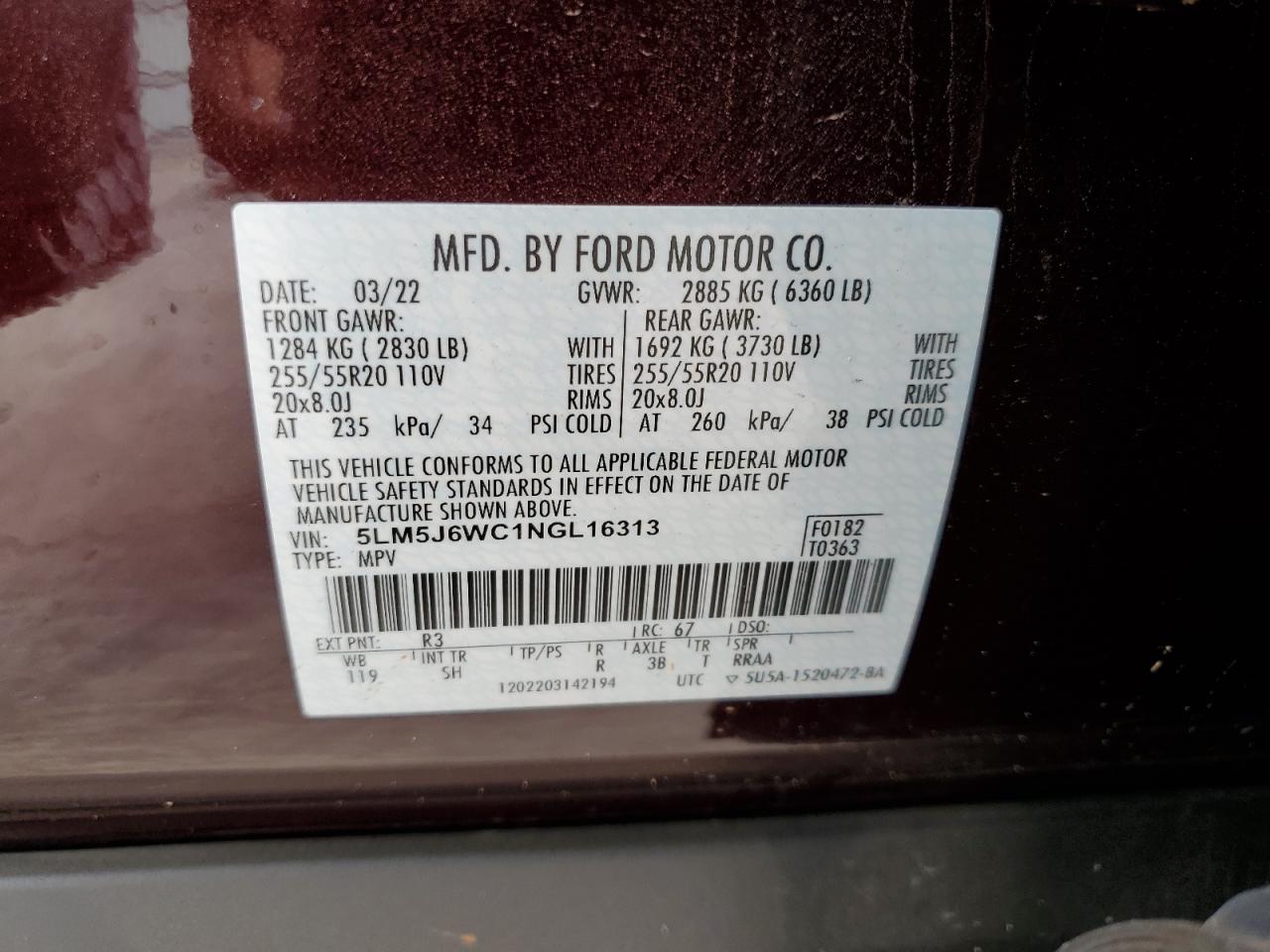 2022 LINCOLN AVIATOR VIN:5LM5J6WC1NGL16313