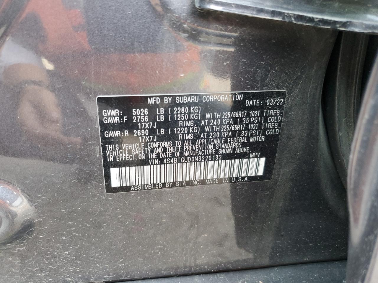 2022 SUBARU OUTBACK WILDERNESS VIN:4S4BTGUD0N3220133