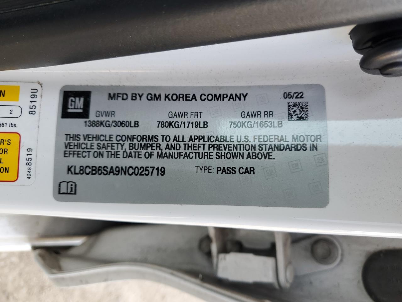 2022 CHEVROLET SPARK LS VIN:KL8CB6SA9NC025719