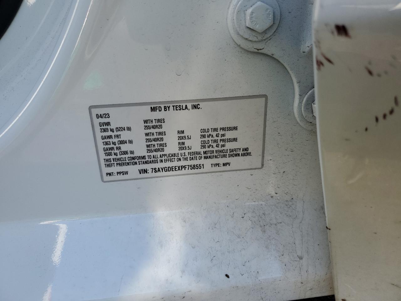2023 TESLA MODEL Y VIN:7SAYGDEEXPF758551