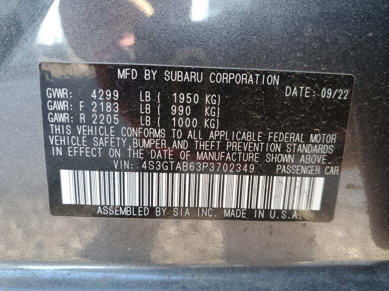 2023 SUBARU IMPREZA VIN:4S3GTAB63P3702349