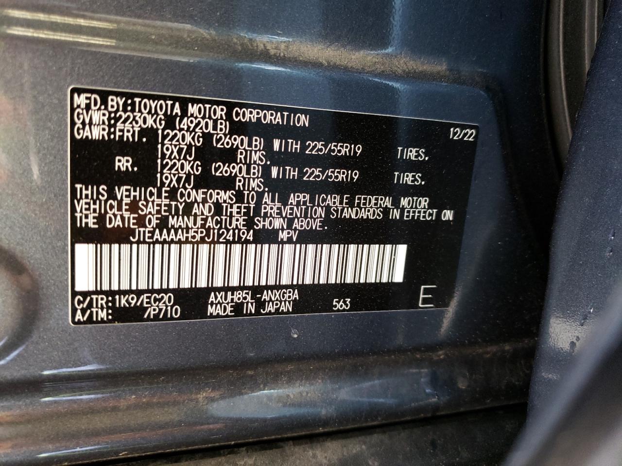 2023 TOYOTA VENZA LE VIN:JTEAAAAH5PJ124194