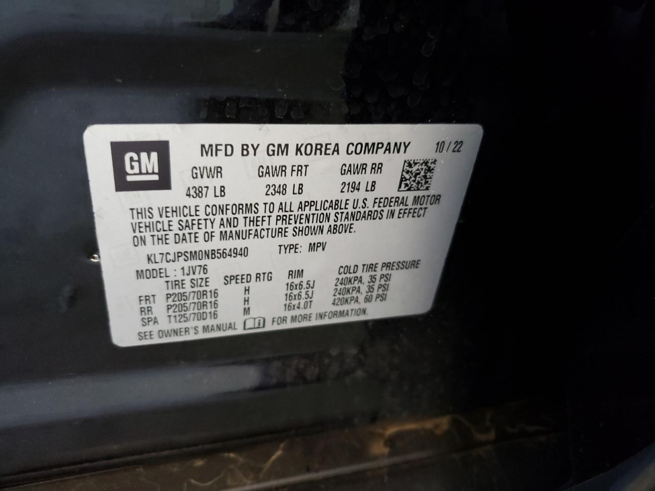 2022 CHEVROLET TRAX 1LT VIN:KL7CJPSM0NB564940