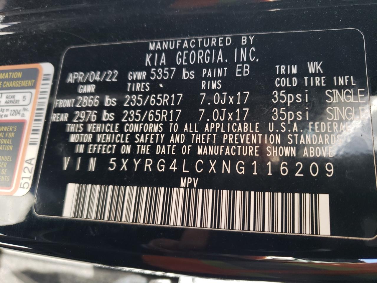2022 KIA SORENTO LX VIN:5XYRG4LCXNG116209