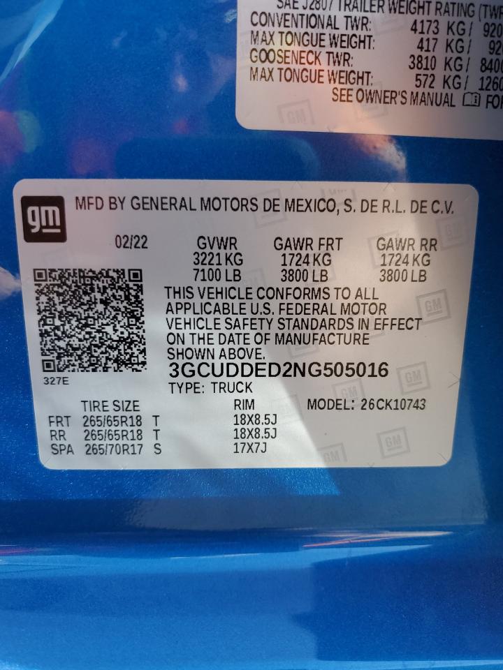 2022 CHEVROLET SILVERADO K1500 LT VIN:3GCUDDED2NG505016