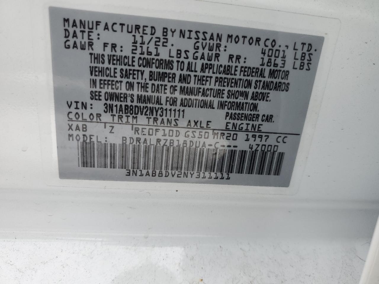 2022 NISSAN SENTRA SR VIN:3N1AB8DV2NY311111