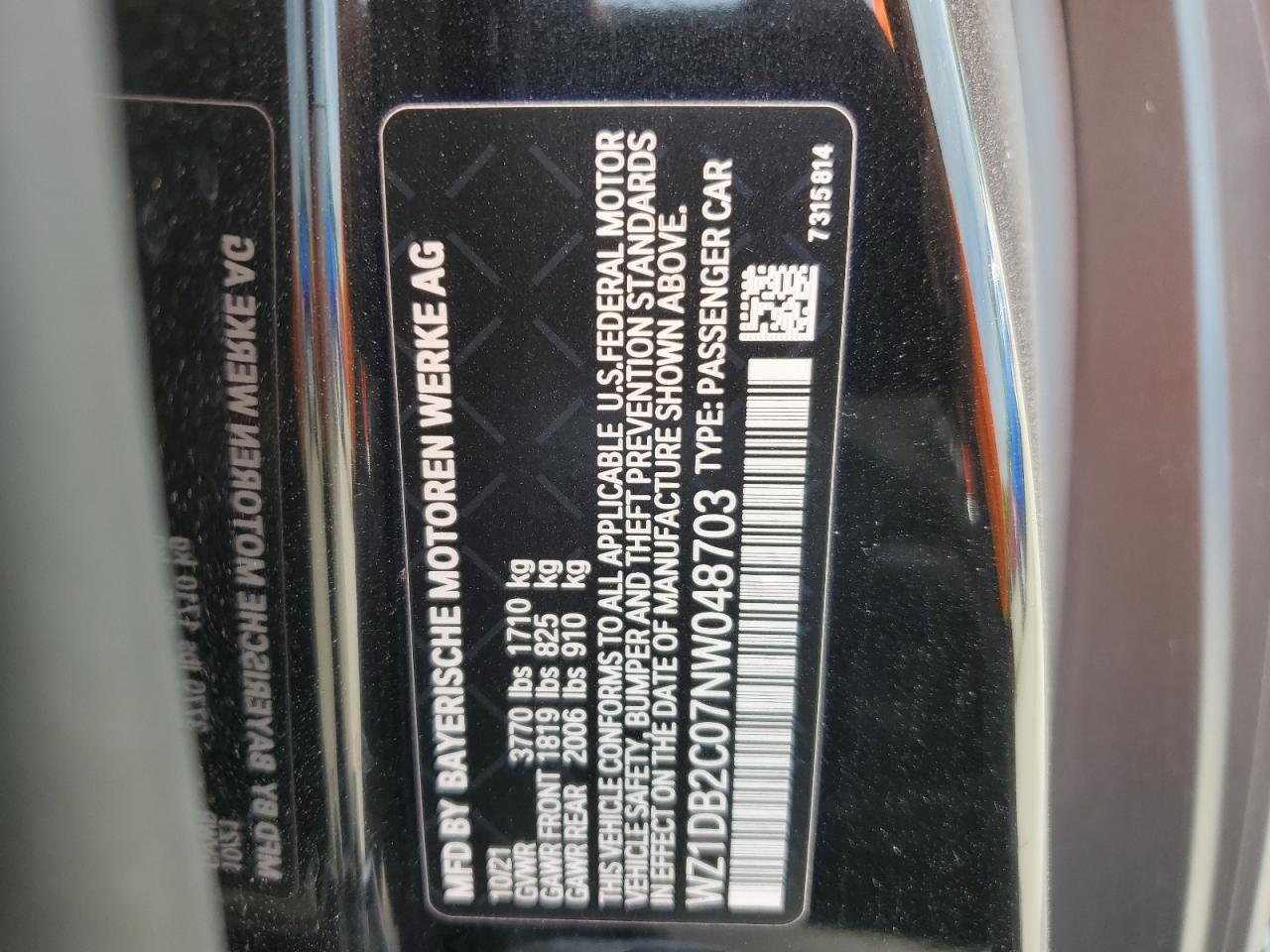 2022 TOYOTA SUPRA VIN:WZ1DB2C07NW048703