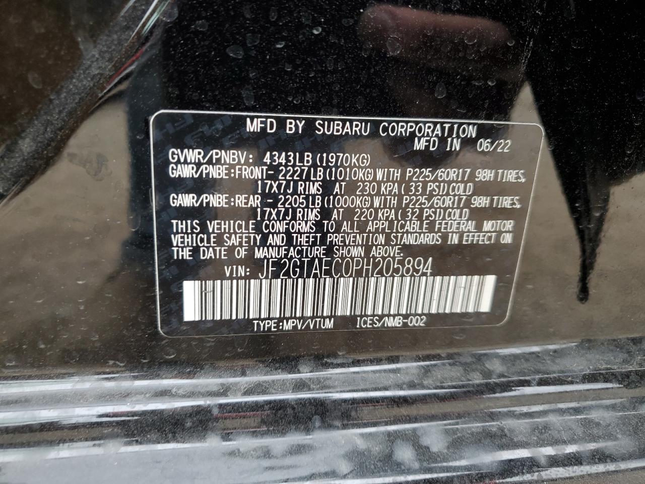 2023 SUBARU CROSSTREK PREMIUM VIN:JF2GTAEC0PH205894