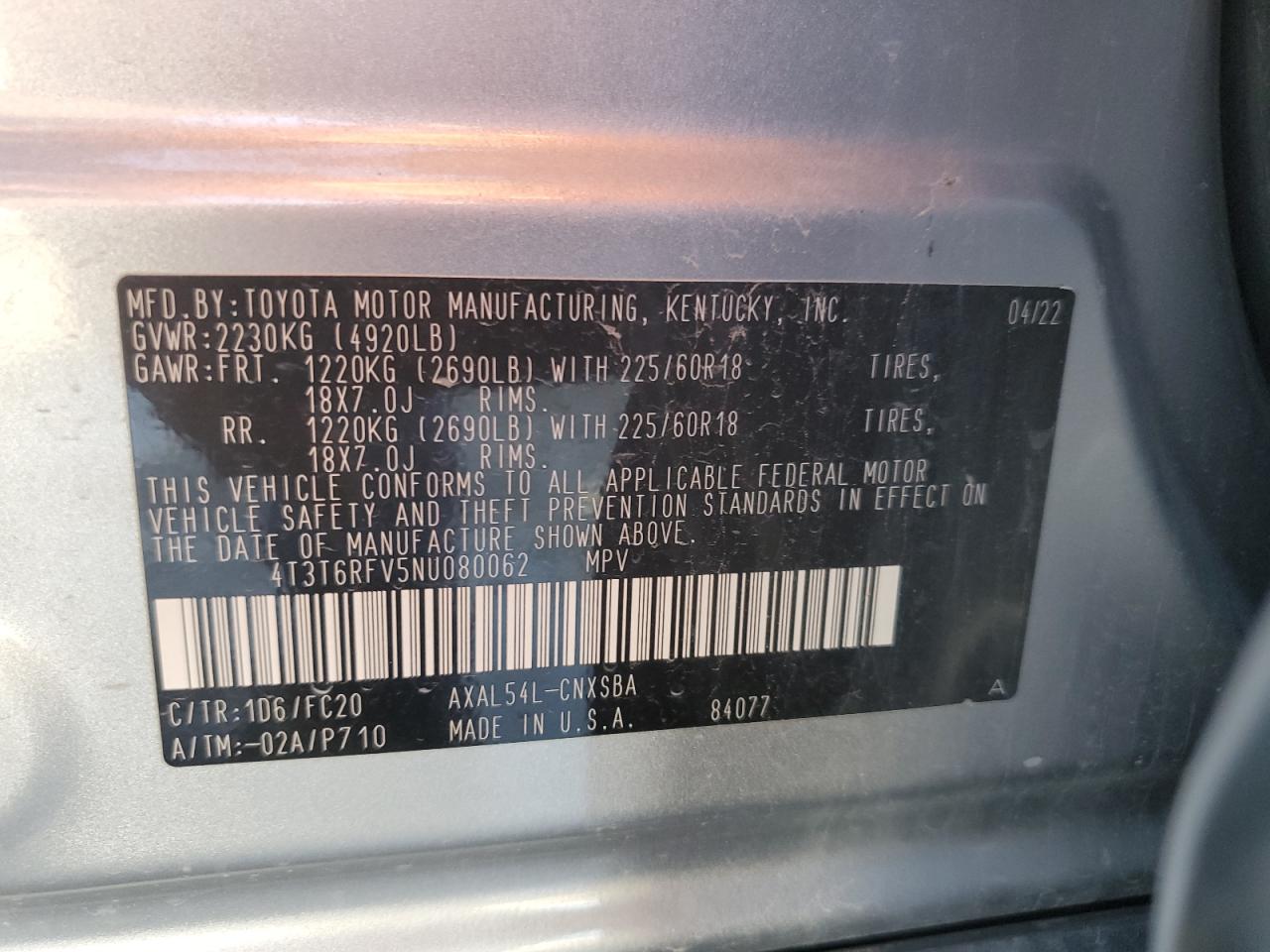 2022 TOYOTA RAV4 SE VIN:4T3T6RFV5NU080062