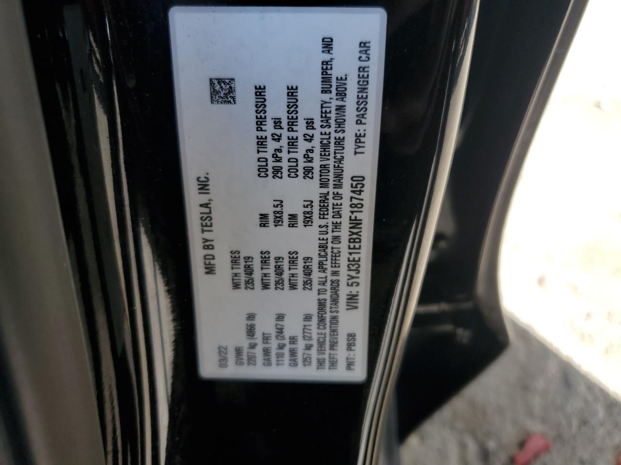 2022 TESLA MODEL 3 VIN:5YJ3E1EBXNF187450