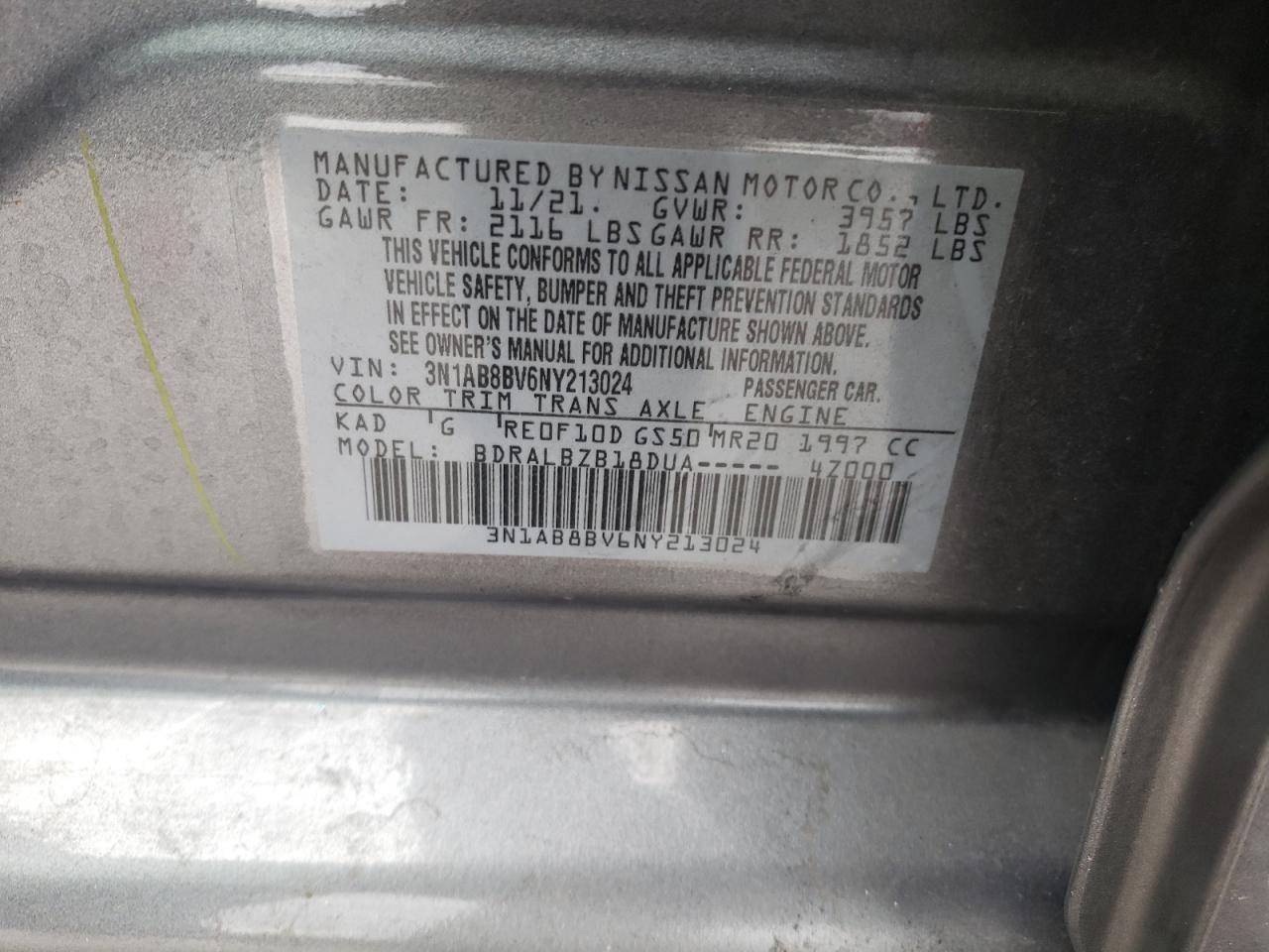 2022 NISSAN SENTRA S VIN:3N1AB8BV6NY213024