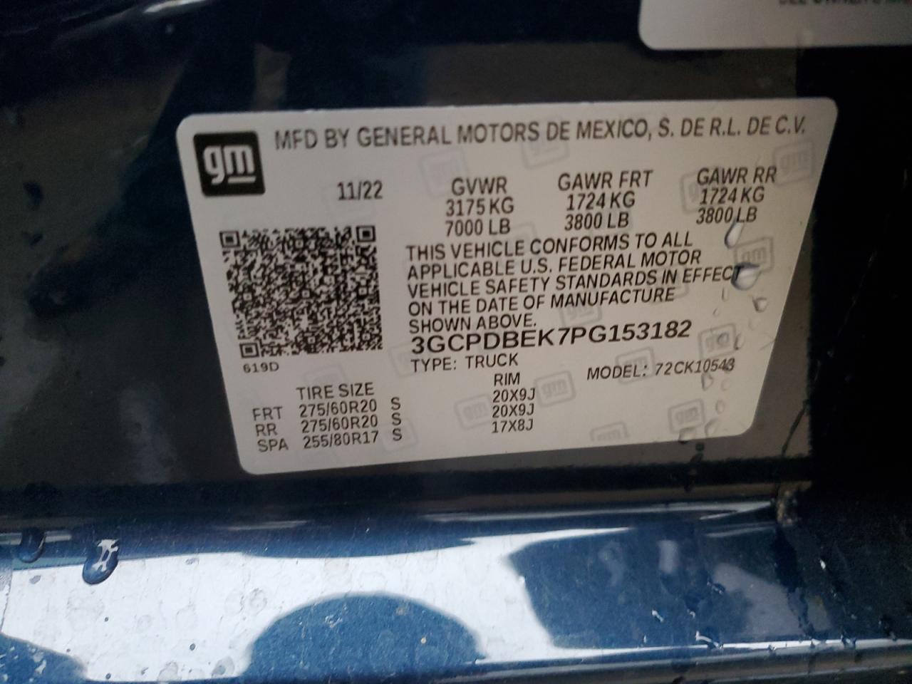 2023 CHEVROLET SILVERADO K1500 CUSTOM VIN:3GCPDBEK7PG153182