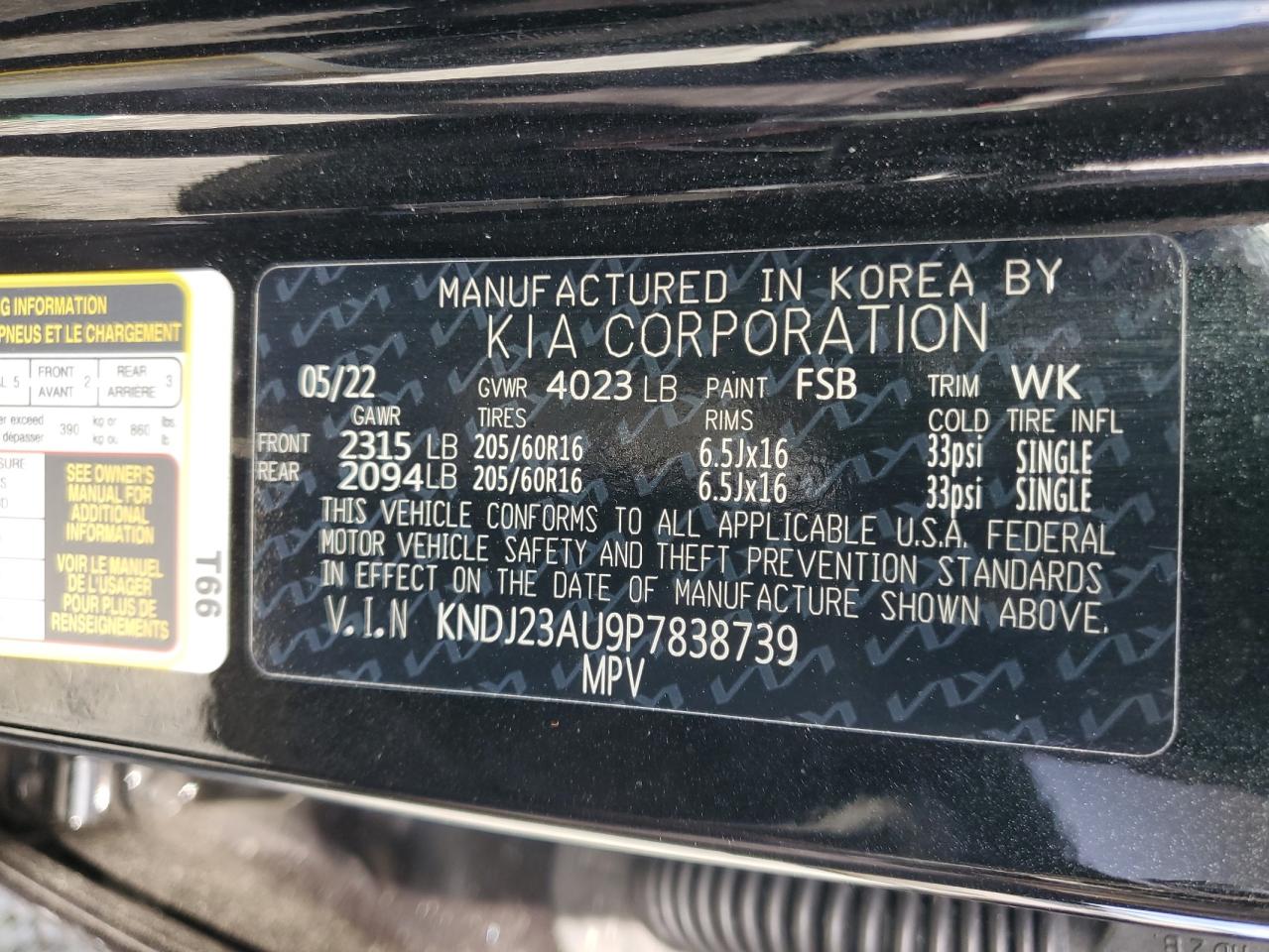 2023 KIA SOUL LX VIN:KNDJ23AU9P7838739