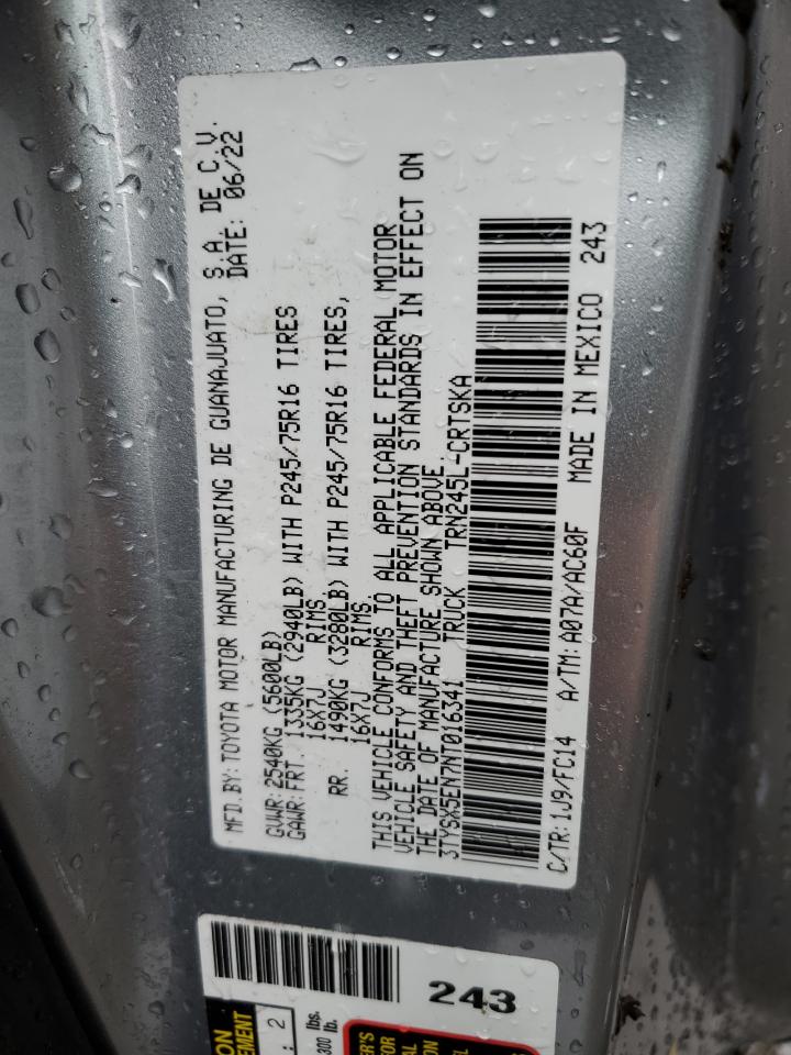 2022 TOYOTA TACOMA ACCESS CAB VIN:3TYSX5EN7NT016341