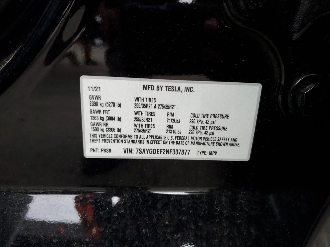 2022 TESLA MODEL Y VIN:7SAYGDEF2NF307877