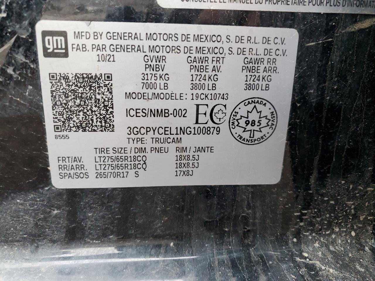 2022 CHEVROLET SILVERADO LTD K1500 TRAIL BOSS CUSTOM VIN:3GCPYCEL1NG100879