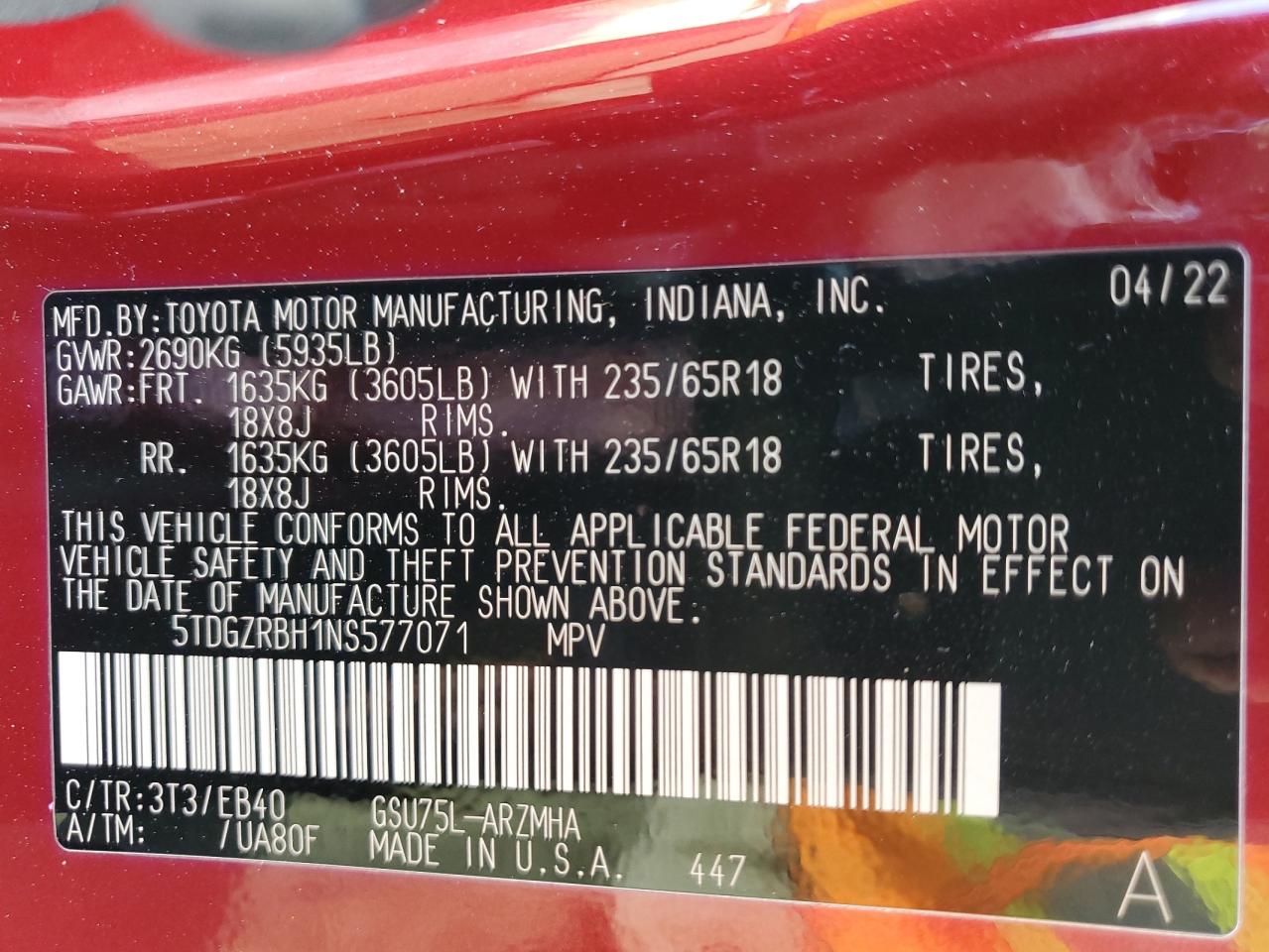 2022 TOYOTA HIGHLANDER XLE VIN:5TDGZRBH1NS577071