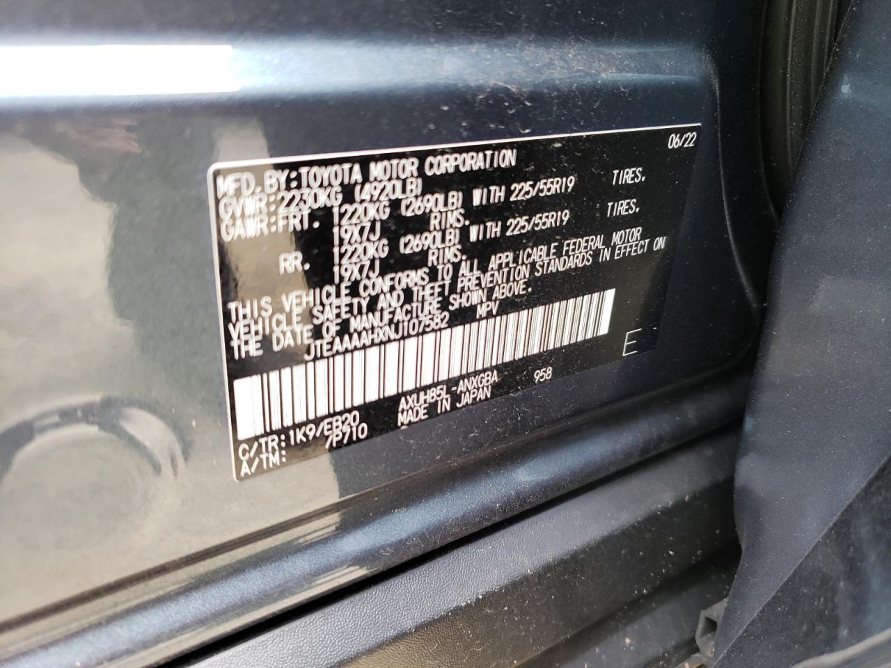 2022 TOYOTA VENZA LE VIN:JTEAAAAHXNJ107582