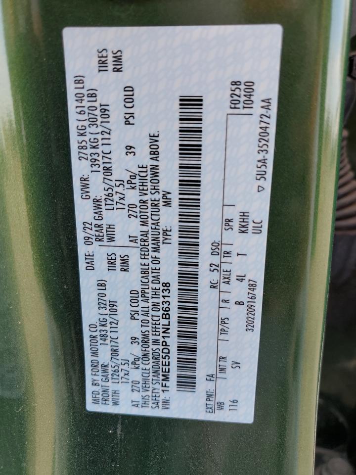 2022 FORD BRONCO BASE VIN:1FMEE5DP1NLB63138