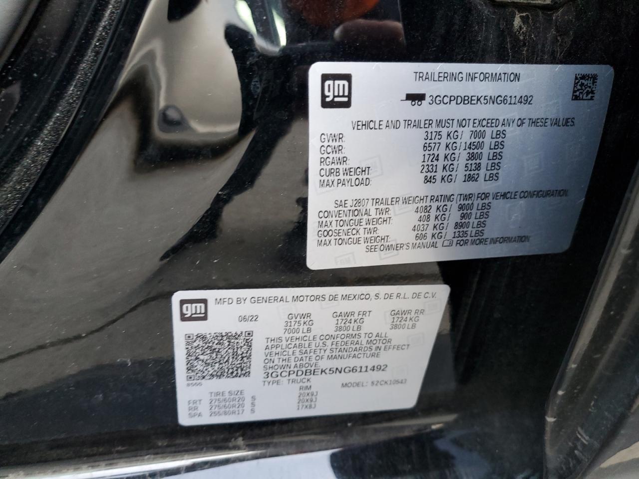 2022 CHEVROLET SILVERADO K1500 CUSTOM VIN:3GCPDBEK5NG611492