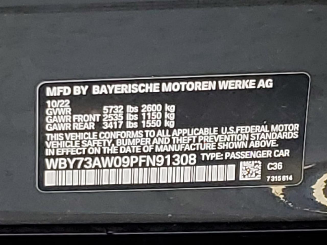 2023 BMW I4 EDRIVE40 VIN:WBY73AW09PFN91308