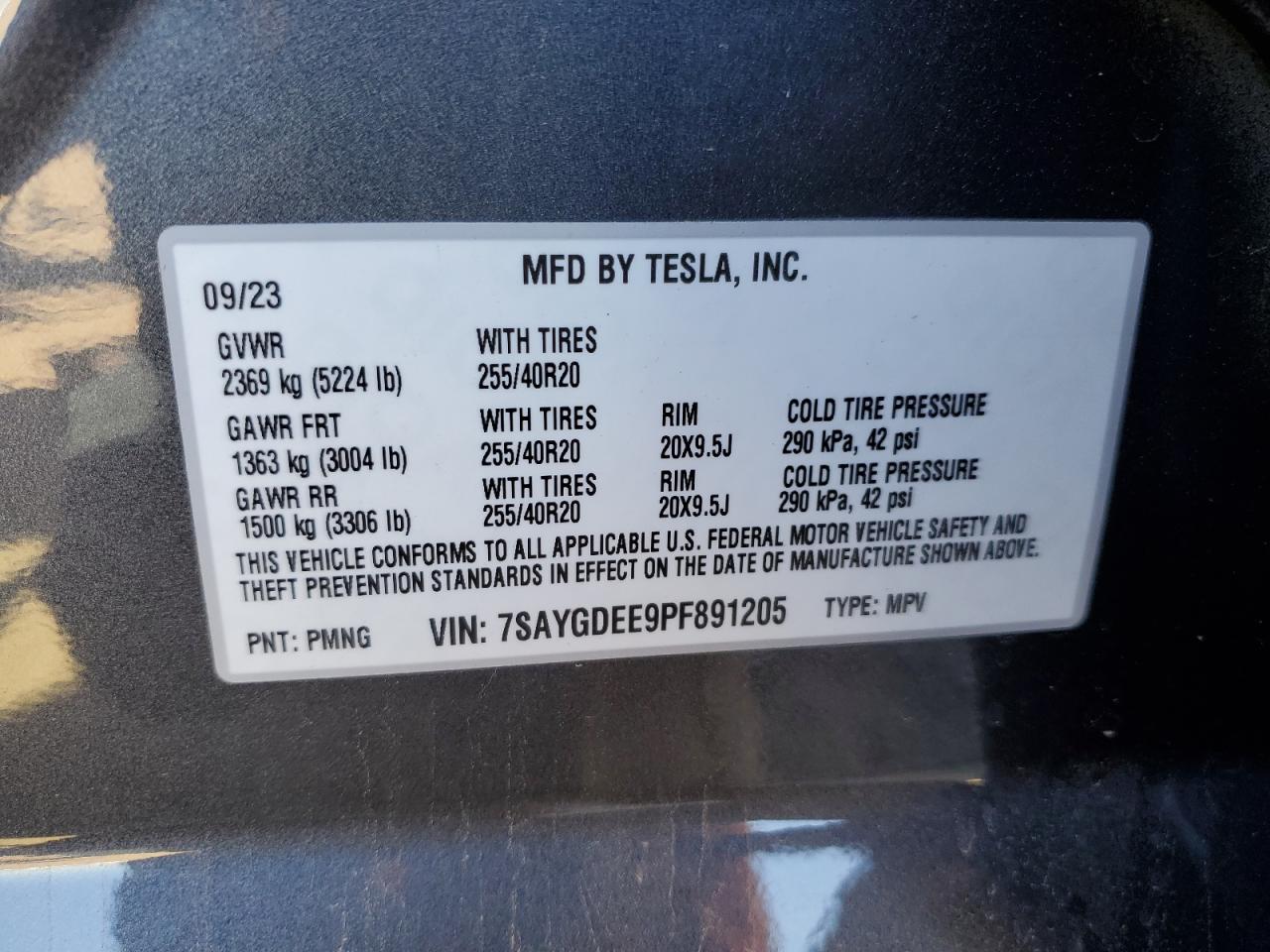 2023 TESLA MODEL Y VIN:7SAYGDEE9PF891205