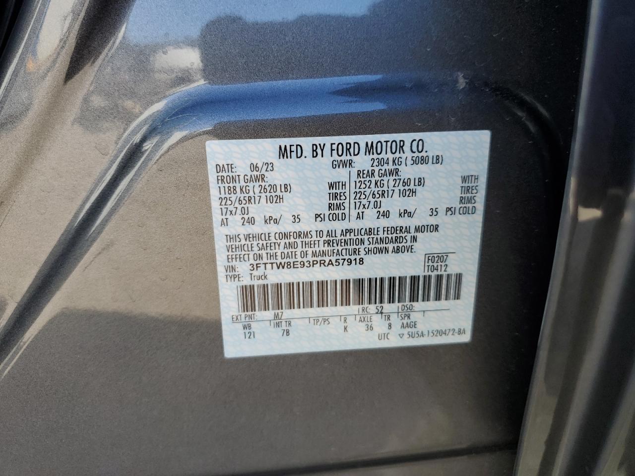 2023 FORD MAVERICK XL VIN:3FTTW8E93PRA57918