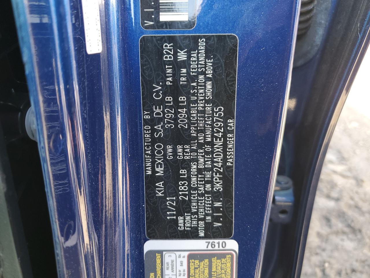 2022 KIA FORTE FE VIN:3KPF24ADXNE429755
